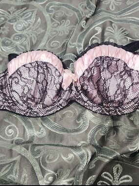 Y2k Jezebel Black Lace Pink Ruched Satin Bra Size 34C